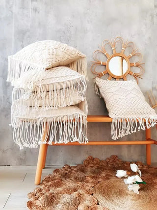 BohemianCottonClub Coussin macramé beige  